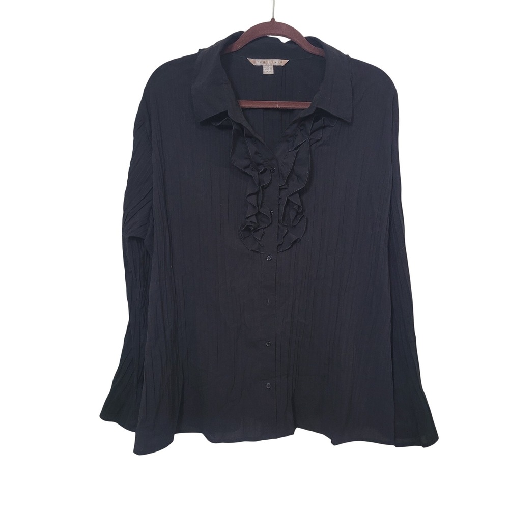 Fred David 3X Ruffle Front Pleated Blouse Womens Black Button Down Long Sleeve
